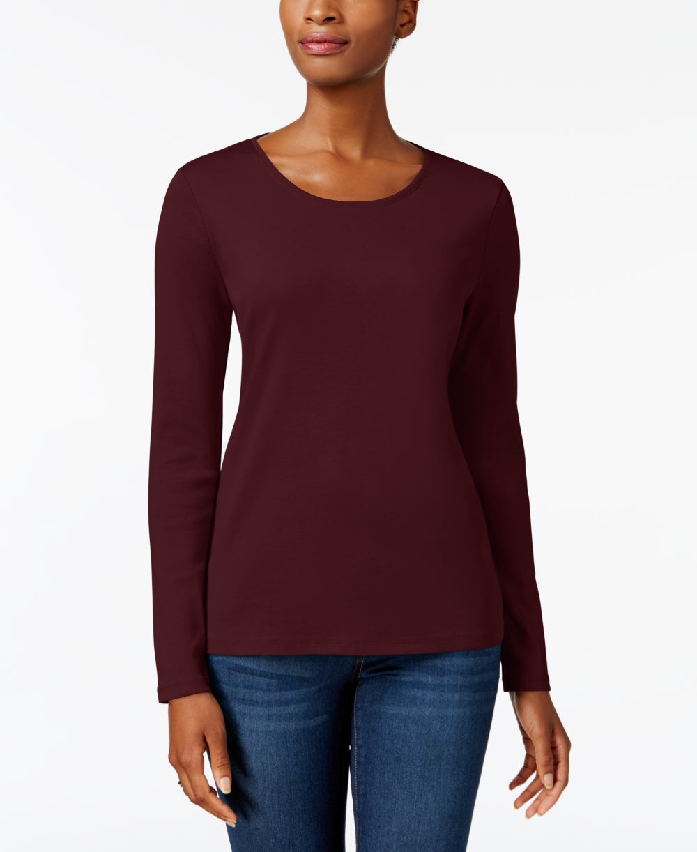 Charter Club Women's Pima Cotton Long-Sleeve Top Burgundy  Size X-Small