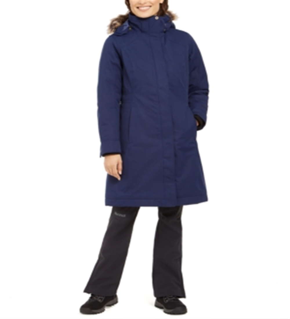 Marmot Women's Chelsea Hooded Faux Fur Trim Coat Blue Size Small