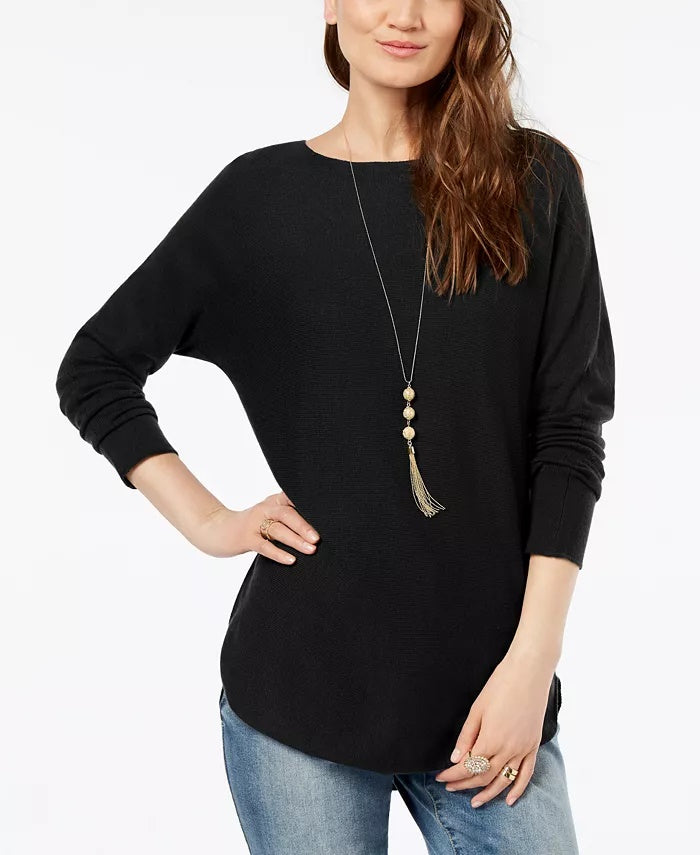 INC International Concepts Women's Black Textured Solid Long Sleeve Jewel Neck Top Black Size Petite Small