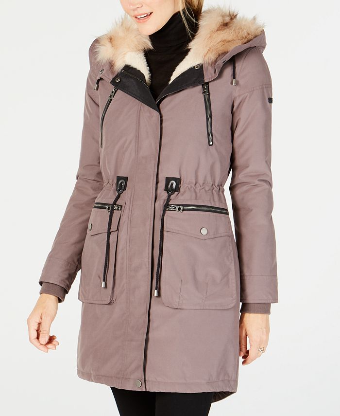 Lucky Brand Women's Faux Fur Lined Multi Pocket Anorak Coat Gray Size 2XS