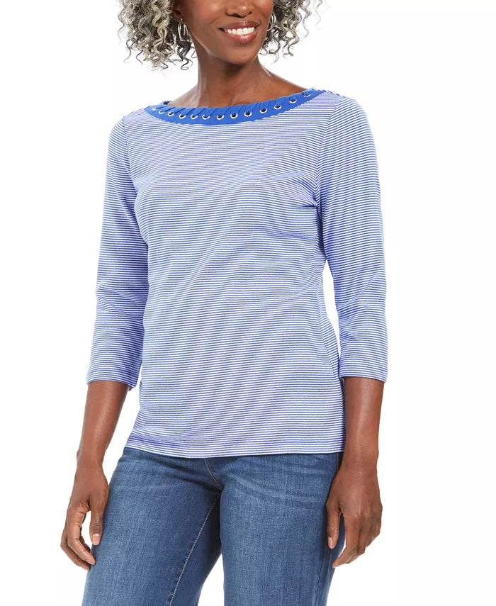 Karen Scott Women's Petite Printed 3/4-Sleeve Cotton Top Blue Size Petite L