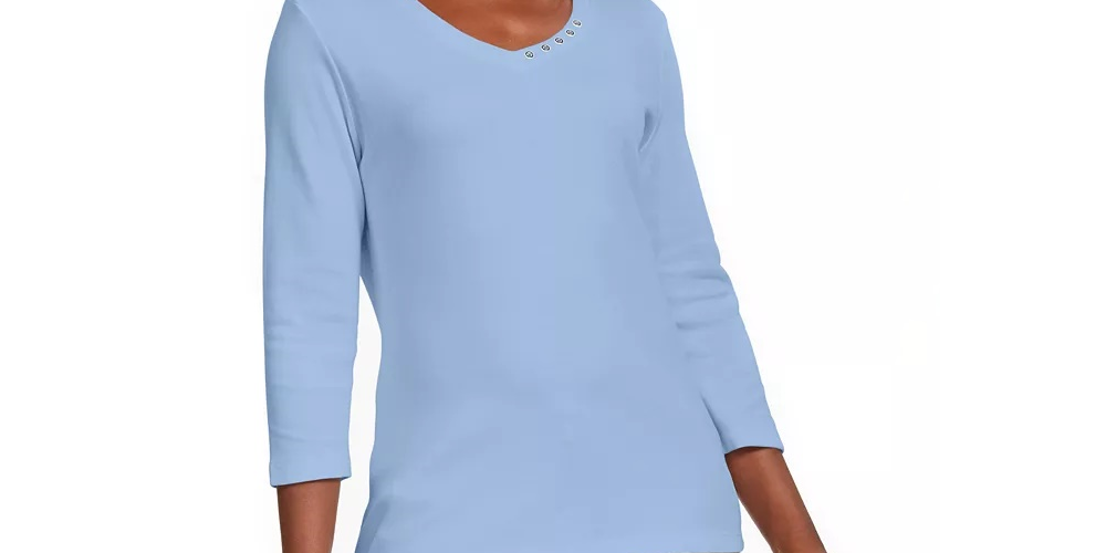 Karen Scott Women's Grommet-Neck Cotton Top Blue Size Small