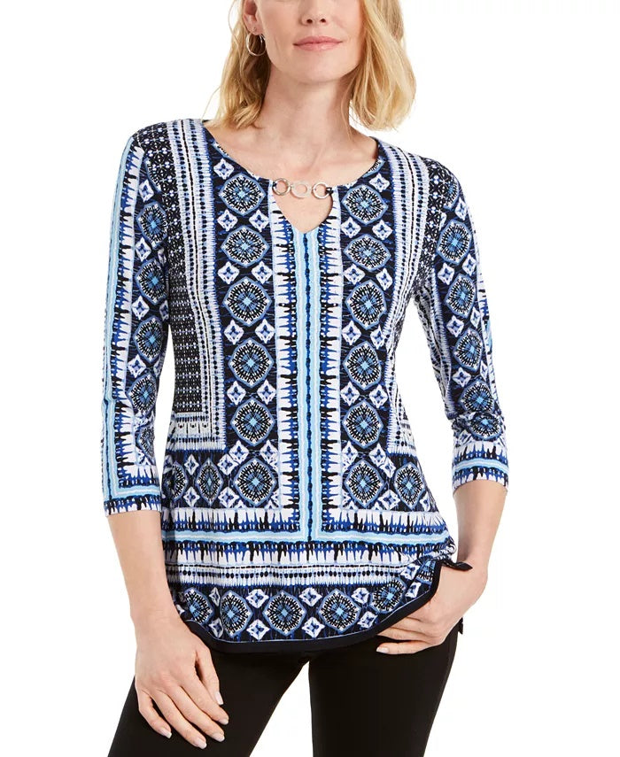 JM Collection Women's Printed Embellished-Keyhole Top Blue Size XX-Large