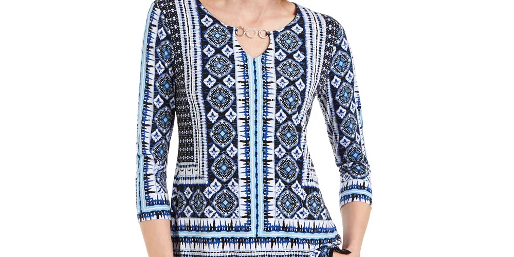 JM Collection Women's Printed Embellished-Keyhole Top Blue Size XX-Large