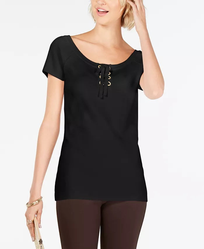 INC International Concepts Women's Petite Lace-Up Scoop-Neck Top Black Size Medium