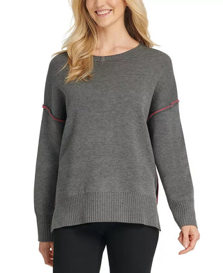 DKNY Women's Contrast-Trim Double-Knit Sweater Gray Size Large