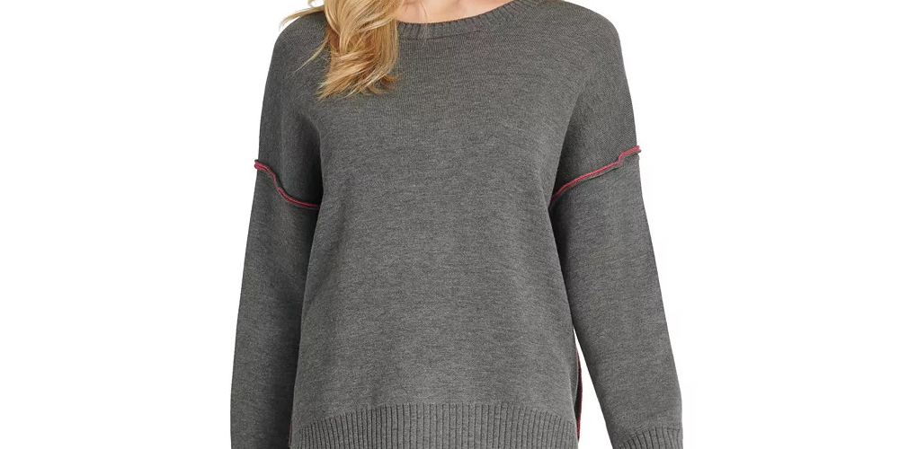 DKNY Women's Contrast-Trim Double-Knit Sweater Gray Size Large