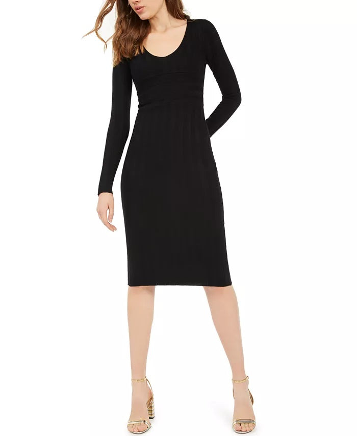 Planet Gold Women's Black Long Sleeve Scoop Neck Below The Knee Body Con Dress Black Size Small