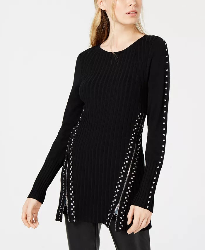 Bar III Women's Zippered Studded Sweater Black Size Medium