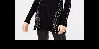 Bar III Women's Zippered Studded Sweater Black Size Medium