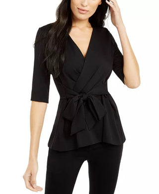 Alfani Women's Petite Faux-Wrap Elbow-Sleeve Top Black Size Petite X-Large