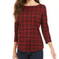 Charter Club Women's Petite Pima Cotton Button-Shoulder Print Top Red Size Petite Small