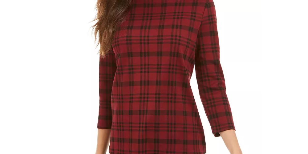 Charter Club Women's Petite Pima Cotton Button-Shoulder Print Top Red Size Petite Small