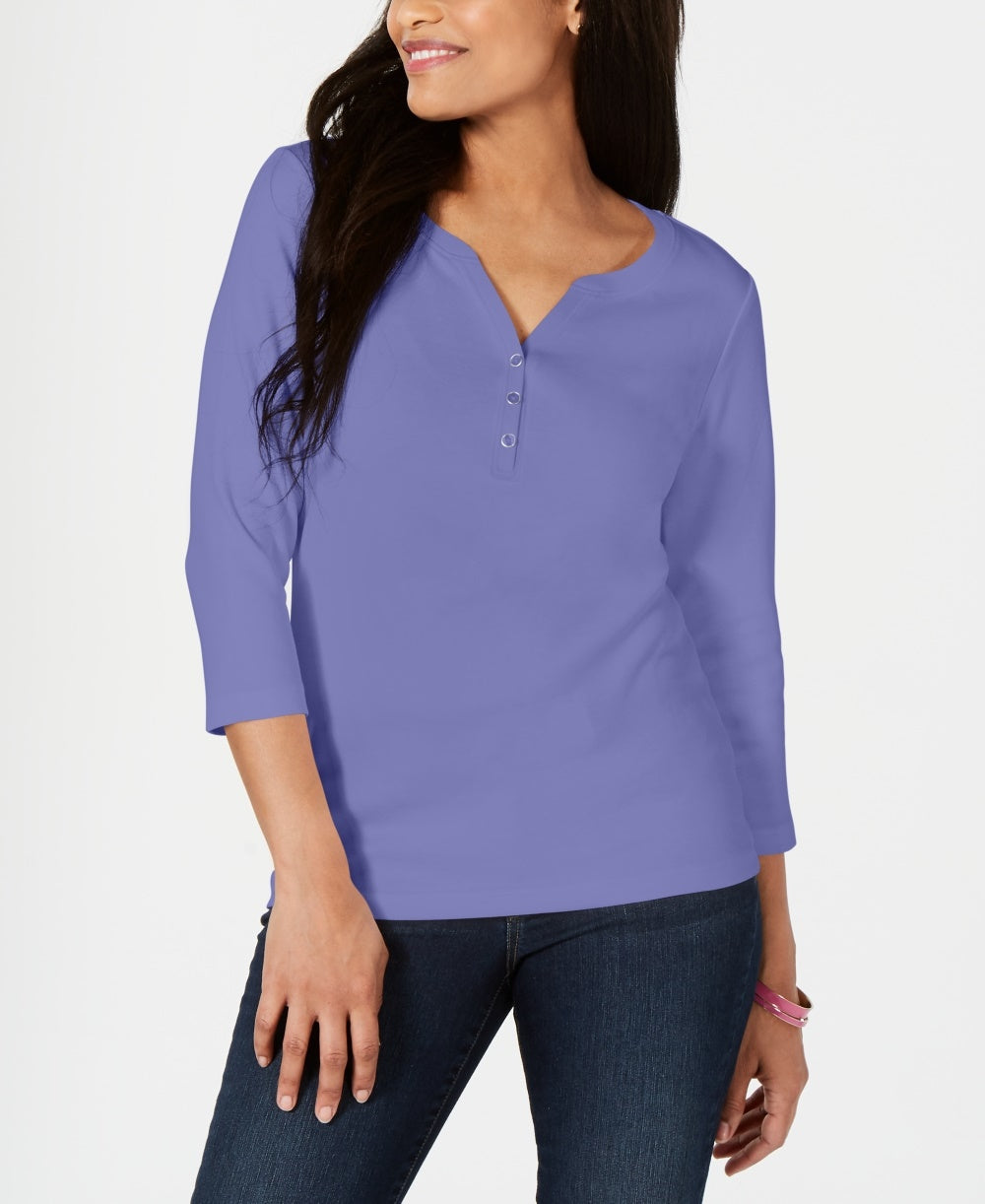 Karen Scott Women's Cotton Henley Shirt Purple Size PS