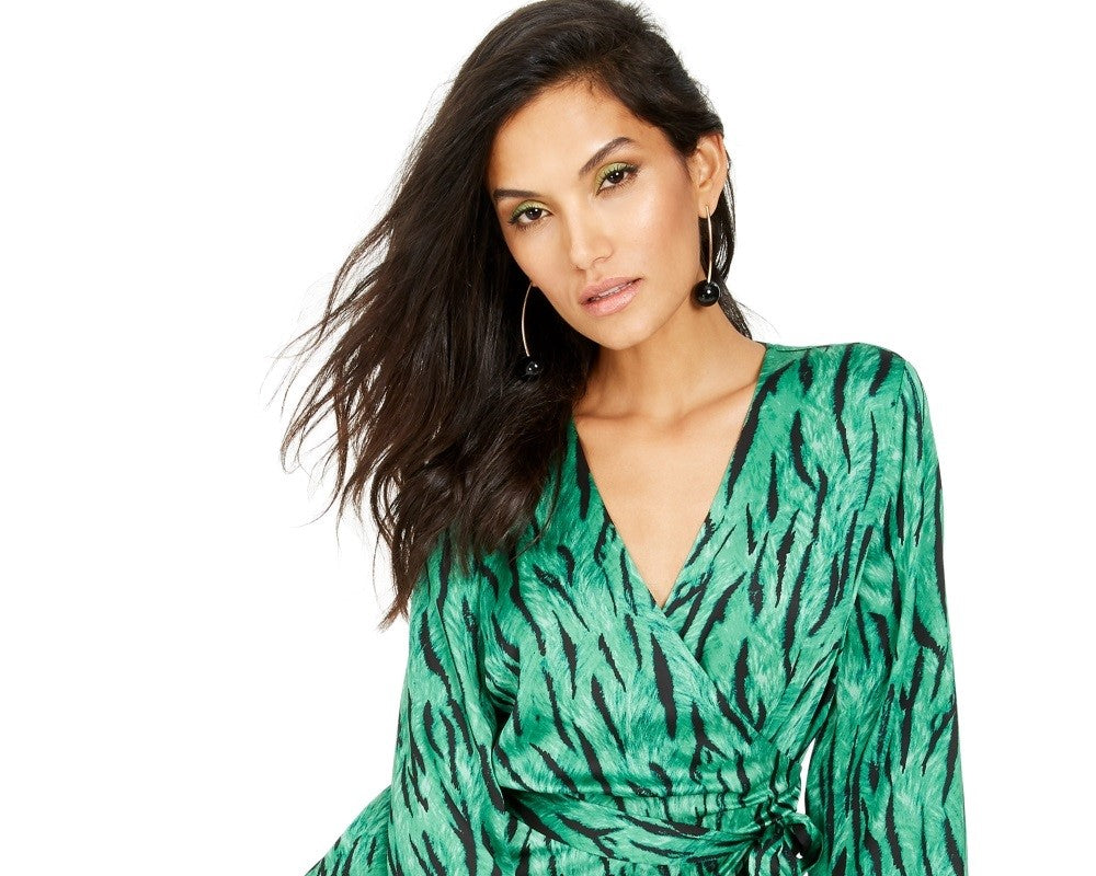 INC International Concepts Women's Animal Print Wrap Top Green Size X-Small