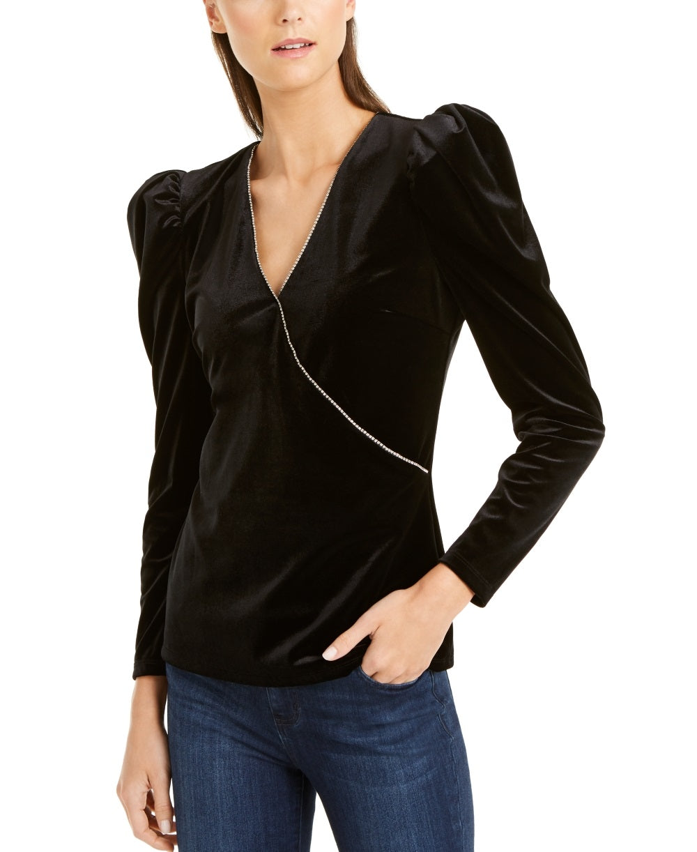 INC International Concepts Women's Beaded Long Sleeve V Neck Wrap Top Black Size Small