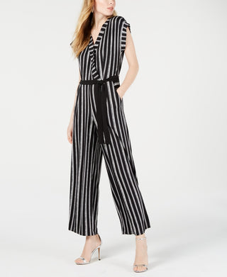 Monteau Women's Petite Faux Wrap Striped Jumpsuit Black Size Petite Large