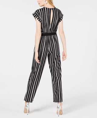 Monteau Women's Petite Faux Wrap Striped Jumpsuit Black Size Petite Large