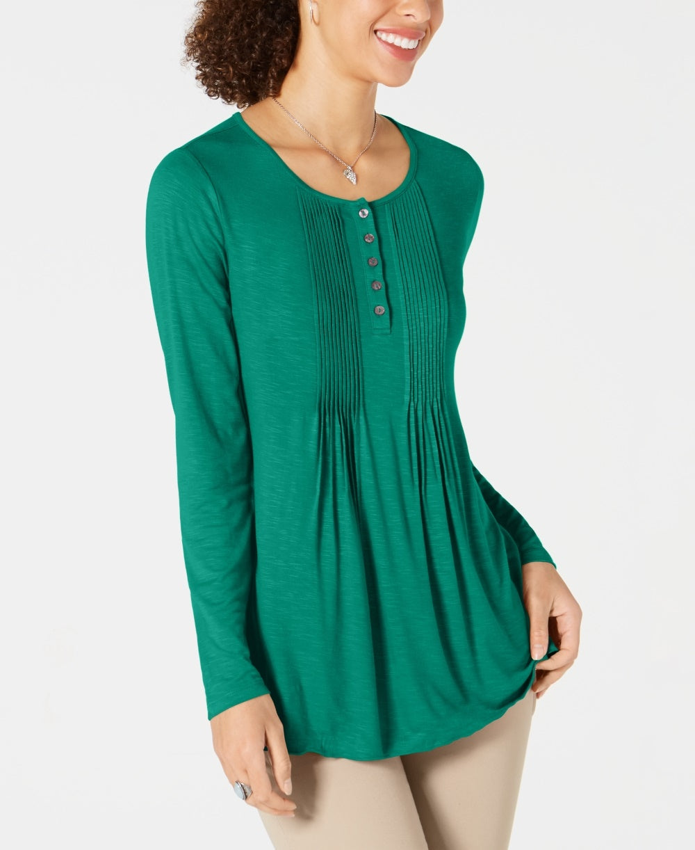 Style & Co Women's Long-Sleeve Pintuck Top  Bright Green Size X-Large