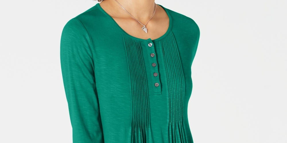Style & Co Women's Long-Sleeve Pintuck Top  Bright Green Size X-Large
