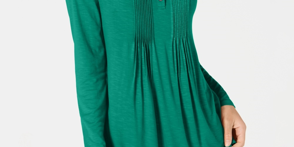 Style & Co Women's Long-Sleeve Pintuck Top  Bright Green Size X-Large