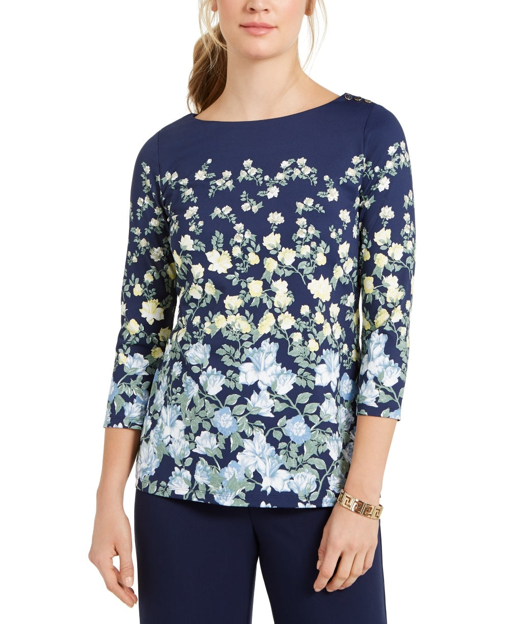 Charter Club Women's Floral-Print Boat-Neck Top Blue Size X-Large