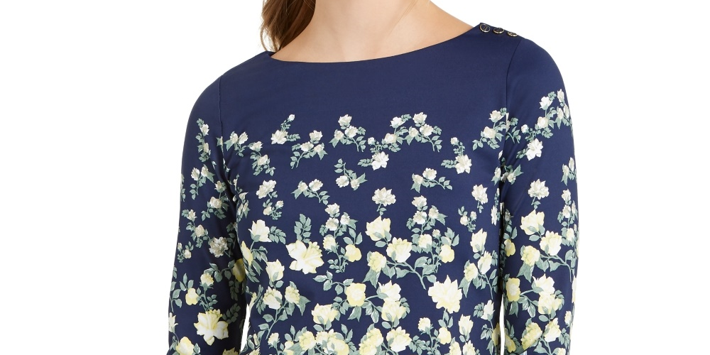Charter Club Women's Floral-Print Boat-Neck Top Blue Size X-Large