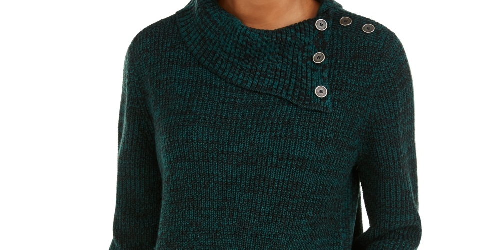 Style & Co Women's Envelope Neck Kangaroo Pocket Knit Sweater Green Size X-Small