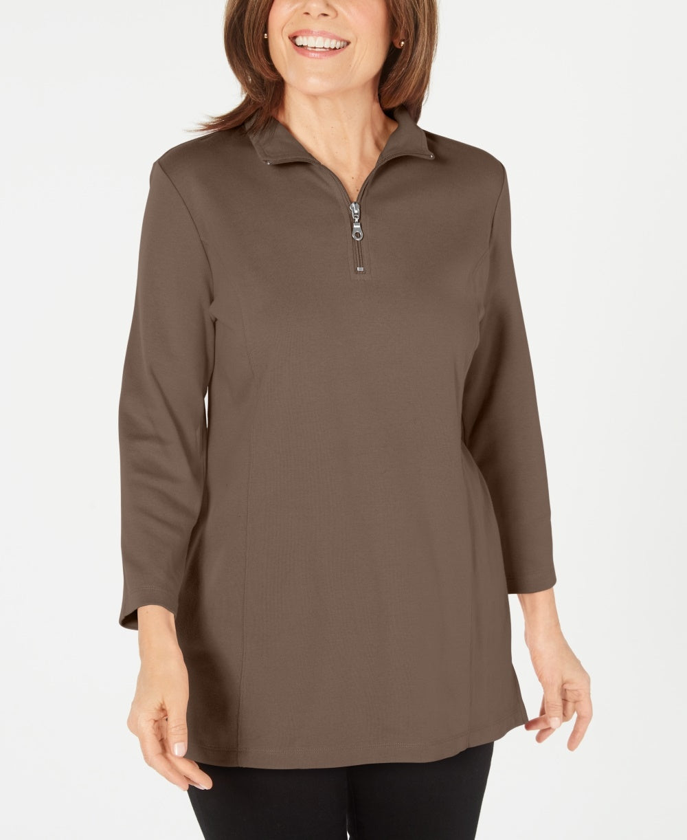 Karen Scott Women's Cotton Half-Zip Mock-Neck Top Brown Size Medium