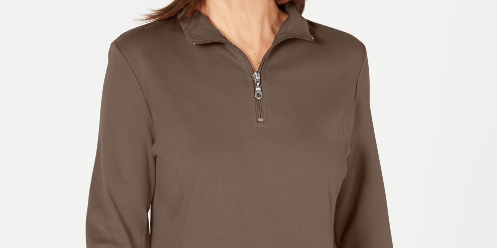Karen Scott Women's Cotton Half-Zip Mock-Neck Top Brown Size Medium