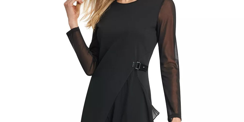 DKNY Women's Long Sleeve Jewel Neck Below The Knee Wear To Work Dress Black Size Small