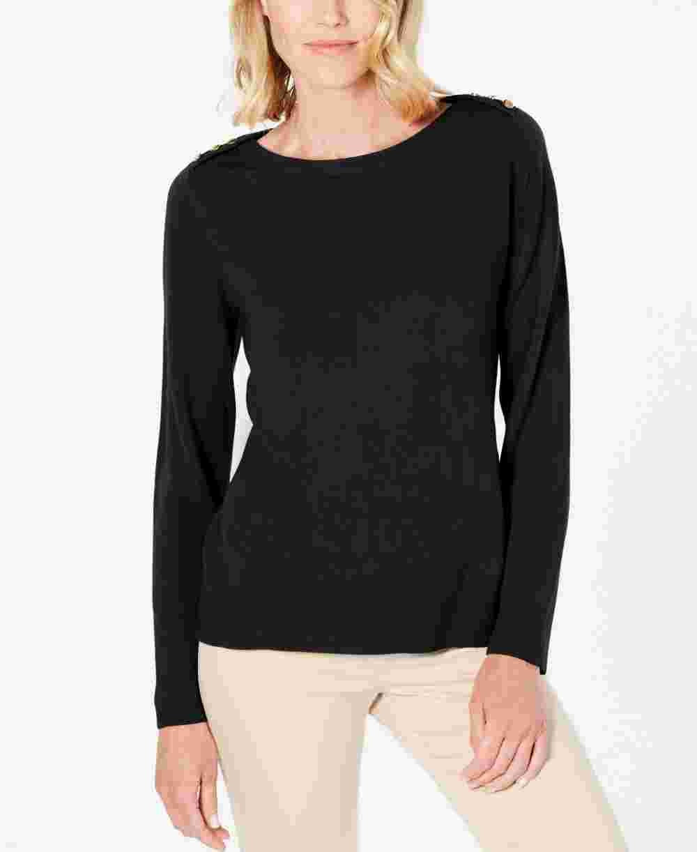 Karen Scott Women's Petite Button-Shoulder Sweater Black Size PL