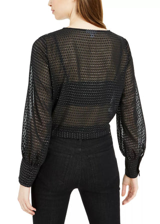 Bar III Women's Ruffled Metallic Dot Blouson Sleeve Top Black Size X-Large