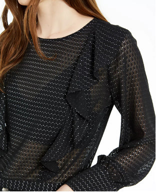 Bar III Women's Ruffled Metallic Dot Blouson Sleeve Top Black Size X-Large