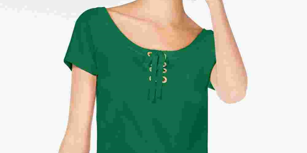 INC International Concepts Women's Solid Short Sleeve Scoop Neck T Shirt Top Green Size Petite Small