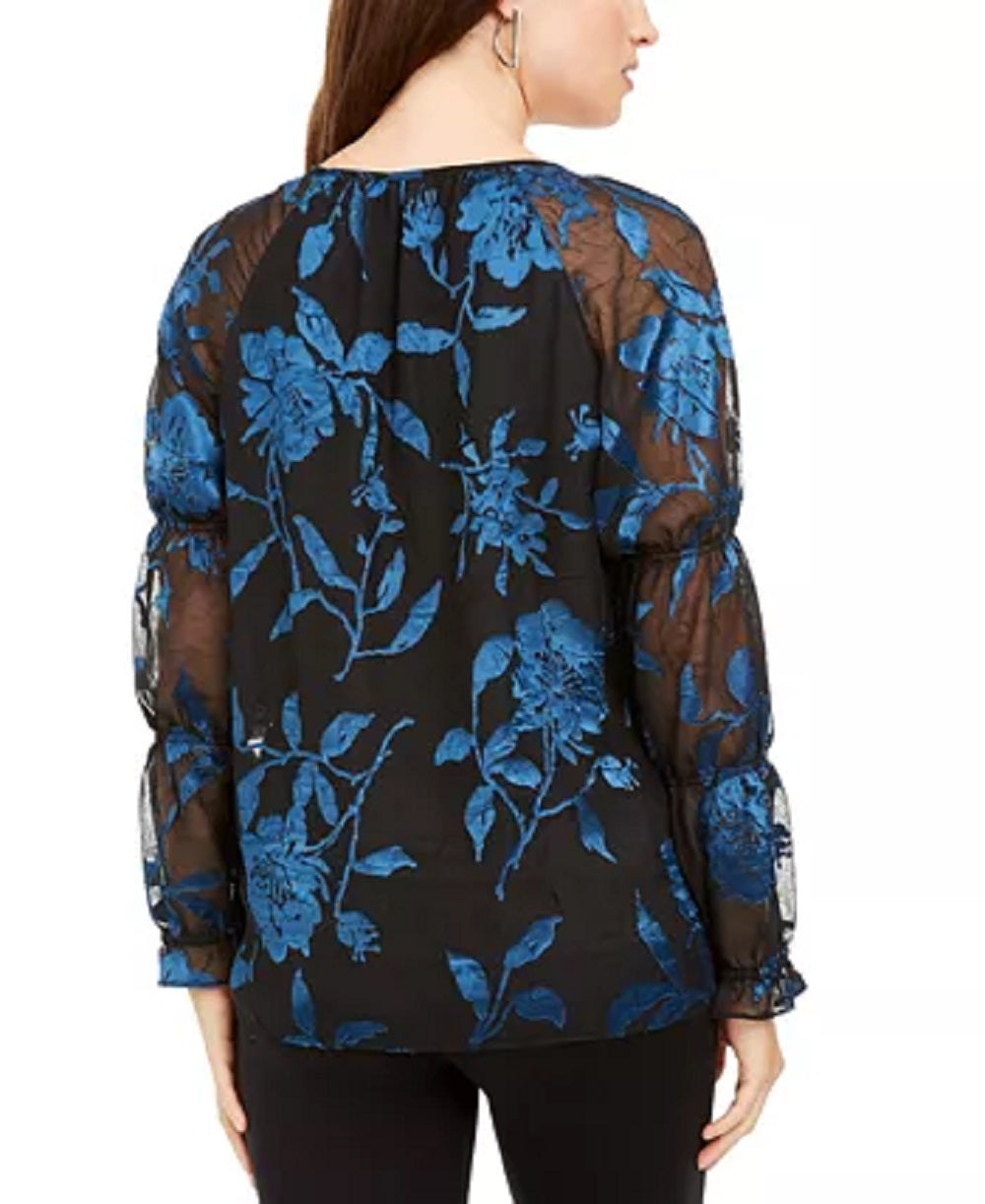 Alfani Women's Velvet Burnout Sheer-Sleeve Top  Green Size Small