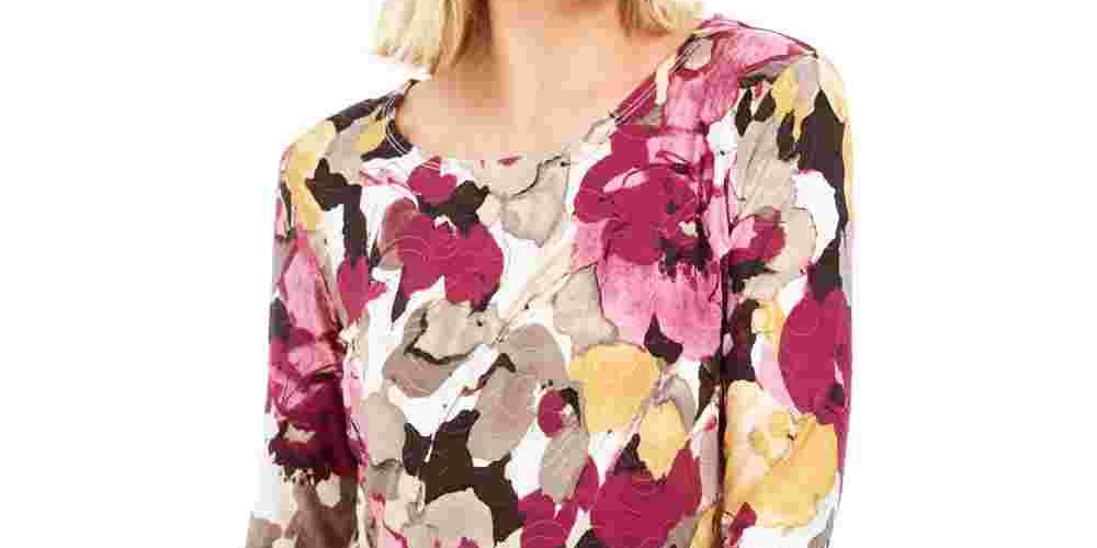 JM Collection Women's Petite Printed Jacquard Top  White Size Small