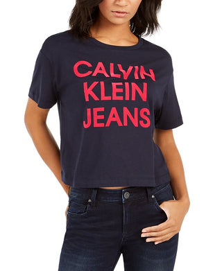 Calvin Klein Women's Jeans Cropped Logo T-Shirt Blue Size LG