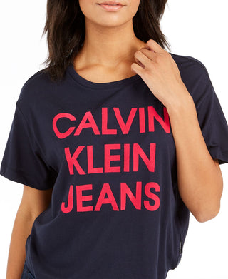Calvin Klein Women's Jeans Cropped Logo T-Shirt Blue Size LG