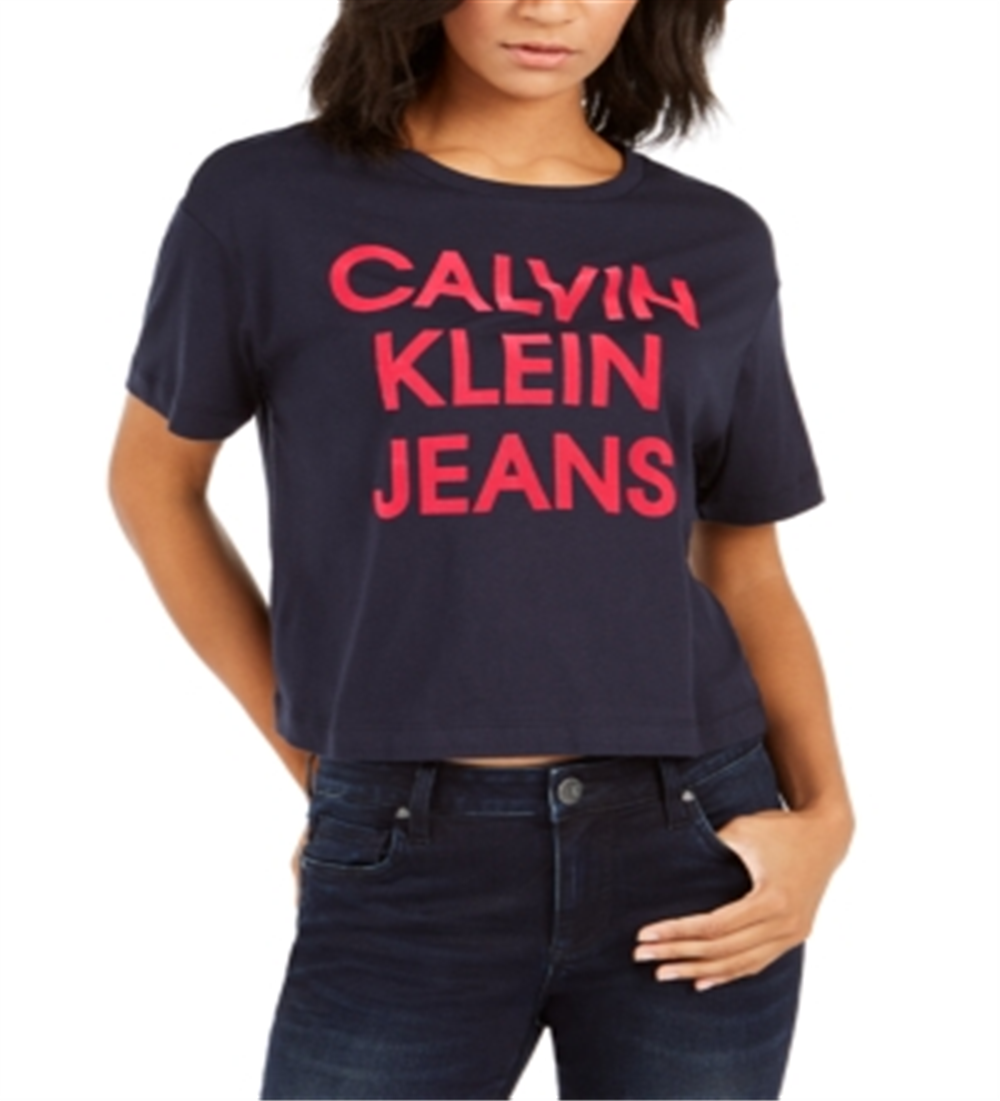 Calvin Klein Women's Jeans Cropped Logo T-Shirt Blue Size LG