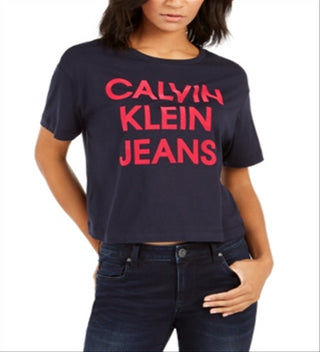 Calvin Klein Women's Jeans Cropped Logo T-Shirt Blue Size LG