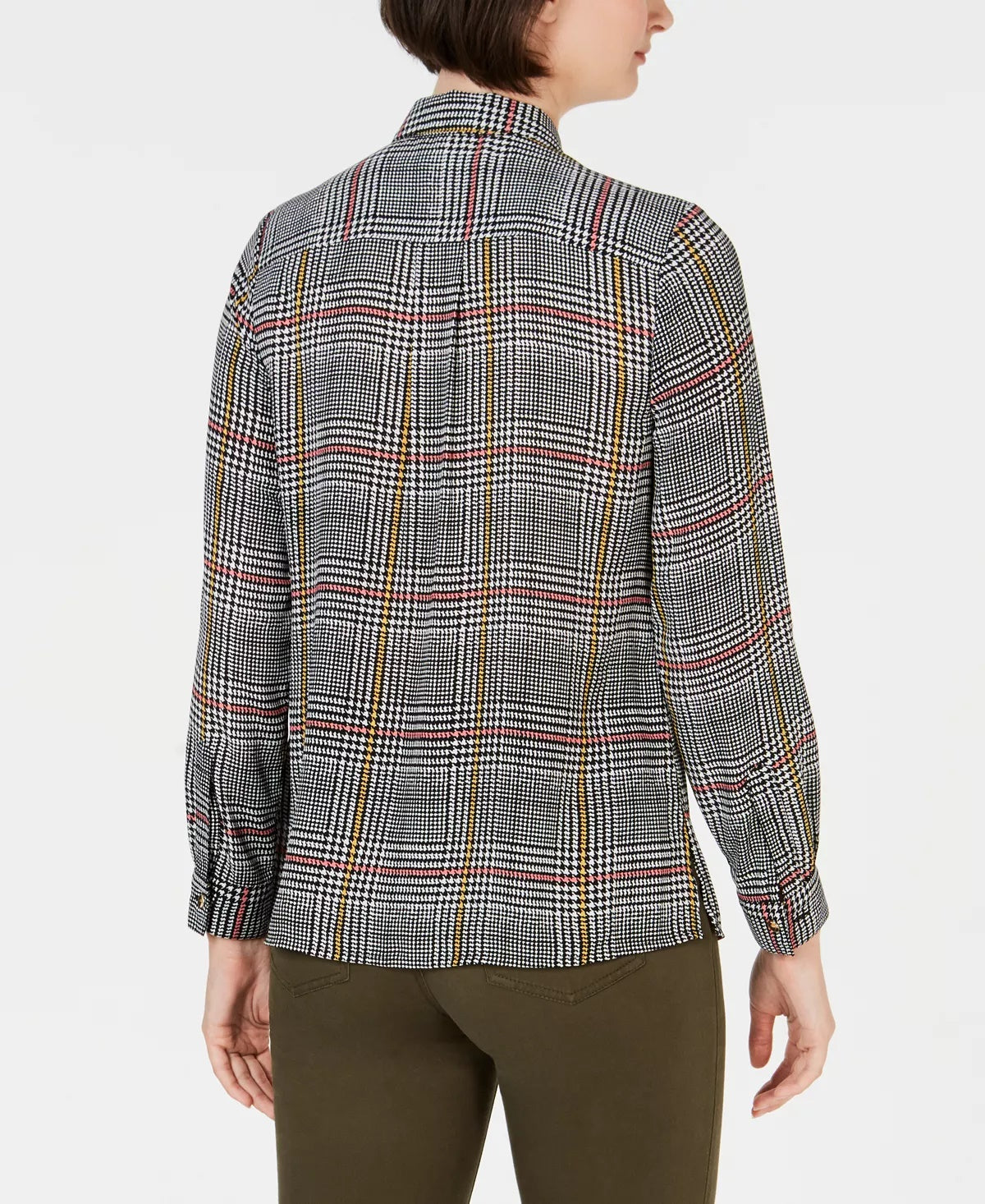 Charter Club Women's Printed Button-Front Roll-Tab-Sleeve Top Black Size Petite Medium