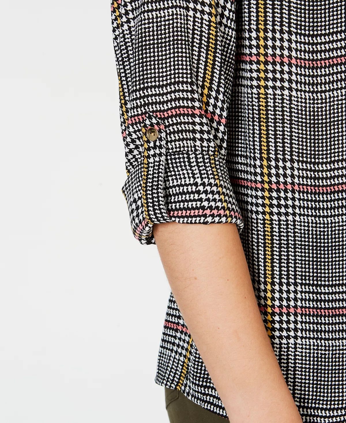 Charter Club Women's Printed Button-Front Roll-Tab-Sleeve Top Black Size Petite Medium