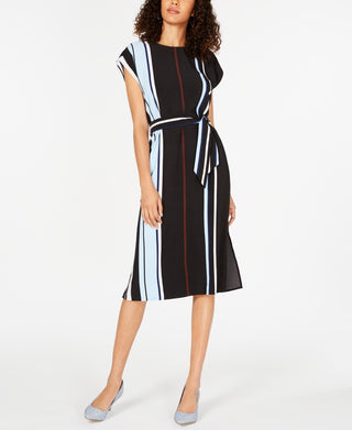 Alfani Women's Belted Striped Midi Dress Black Size 8 Petite