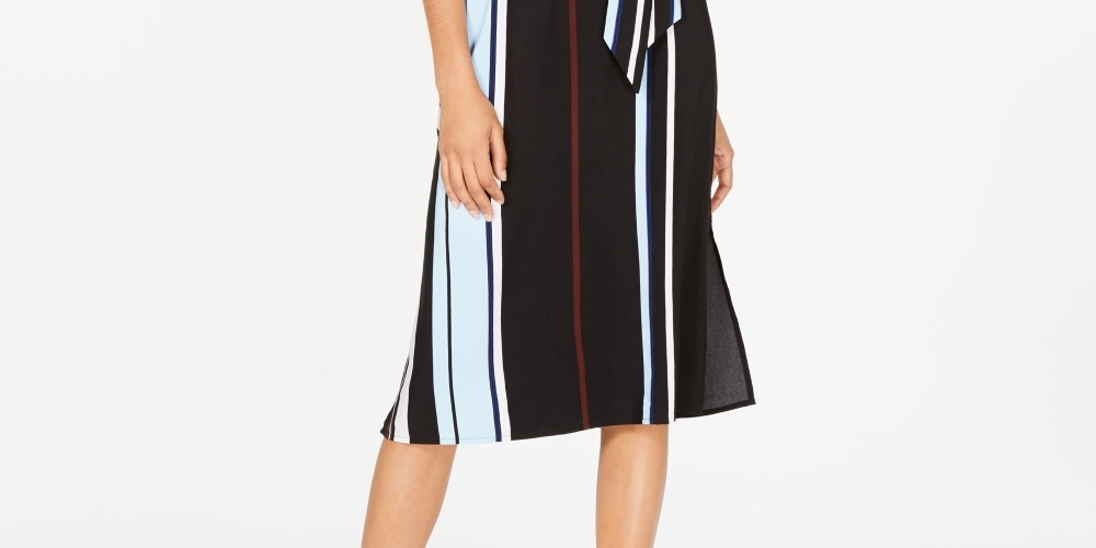 Alfani Women's Belted Striped Midi Dress Black Size 8 Petite