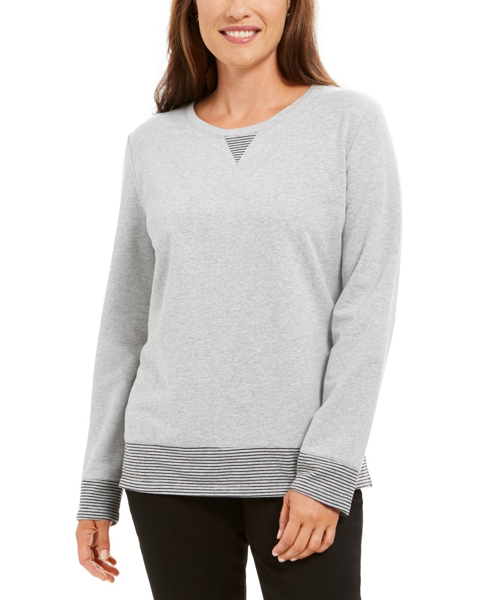 Karen Scott Women's Petite Striped-Trim Top Gray PS