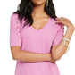 Thalia Sodi Women's Button Sleeve V Neck Top Pink Size Large