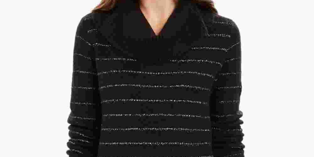 Style & Company Women's Black Embellished 3/4 Sleeve V Neck Sweater Black PP