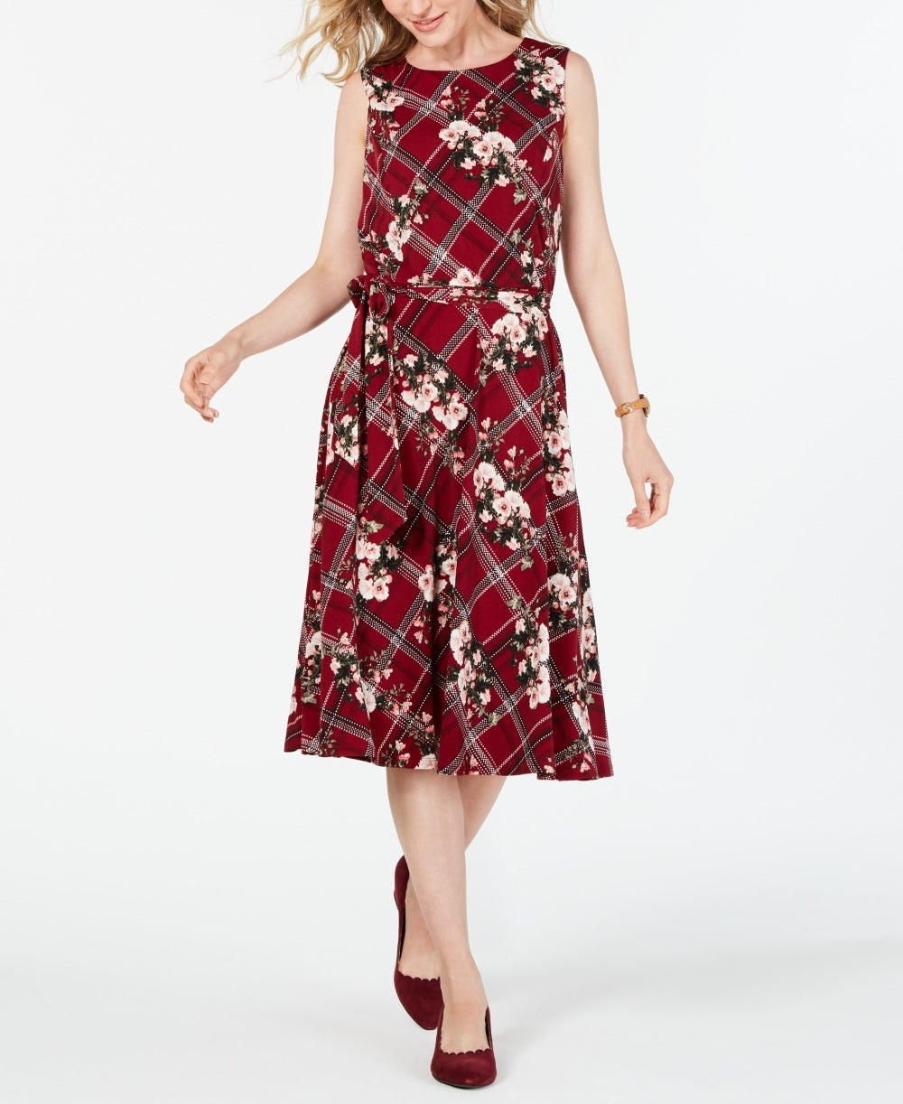 Charter Club Women's Petite Sleeveless Mixed-Print Dress Wine Size Petite X-Large
