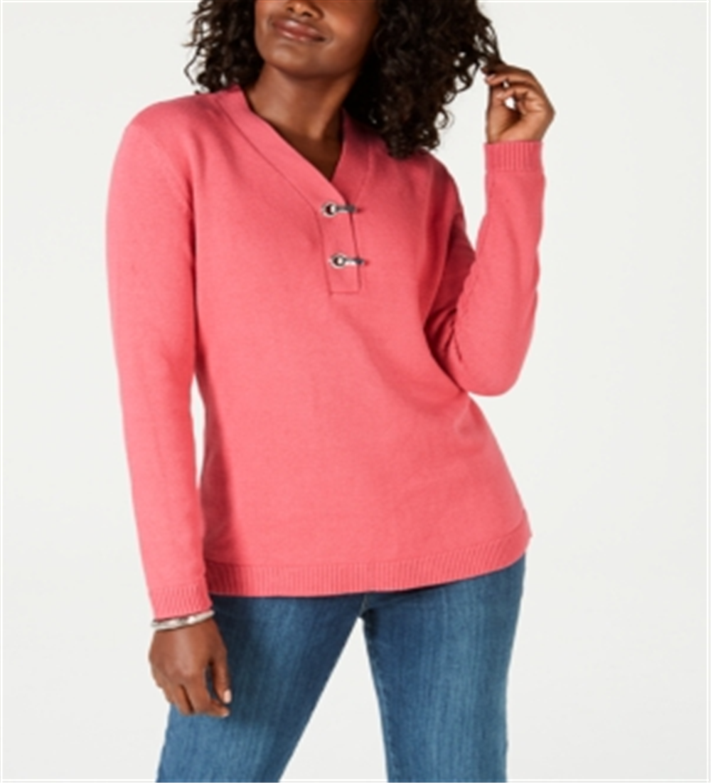 Karen Scott Women's Cotton Toggle Henley Sweater Pink Size Petite L